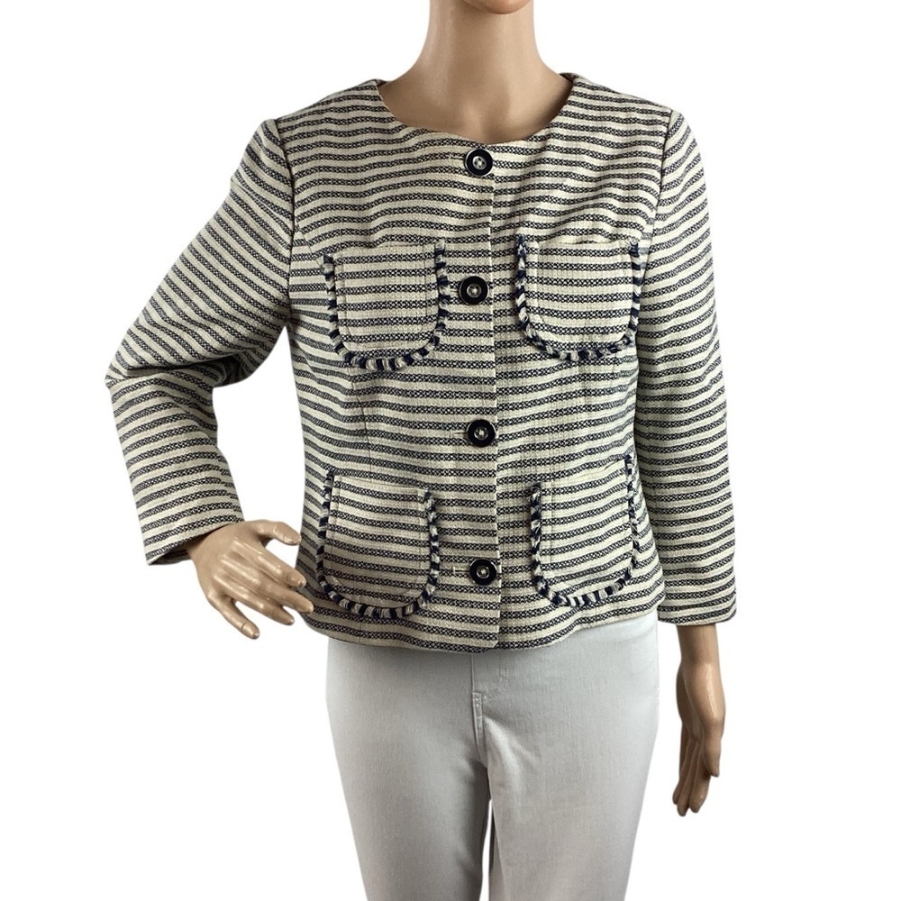 Tommy Hilfiger Striped Cotton Lined Button Jacket Navy Cream Size 8